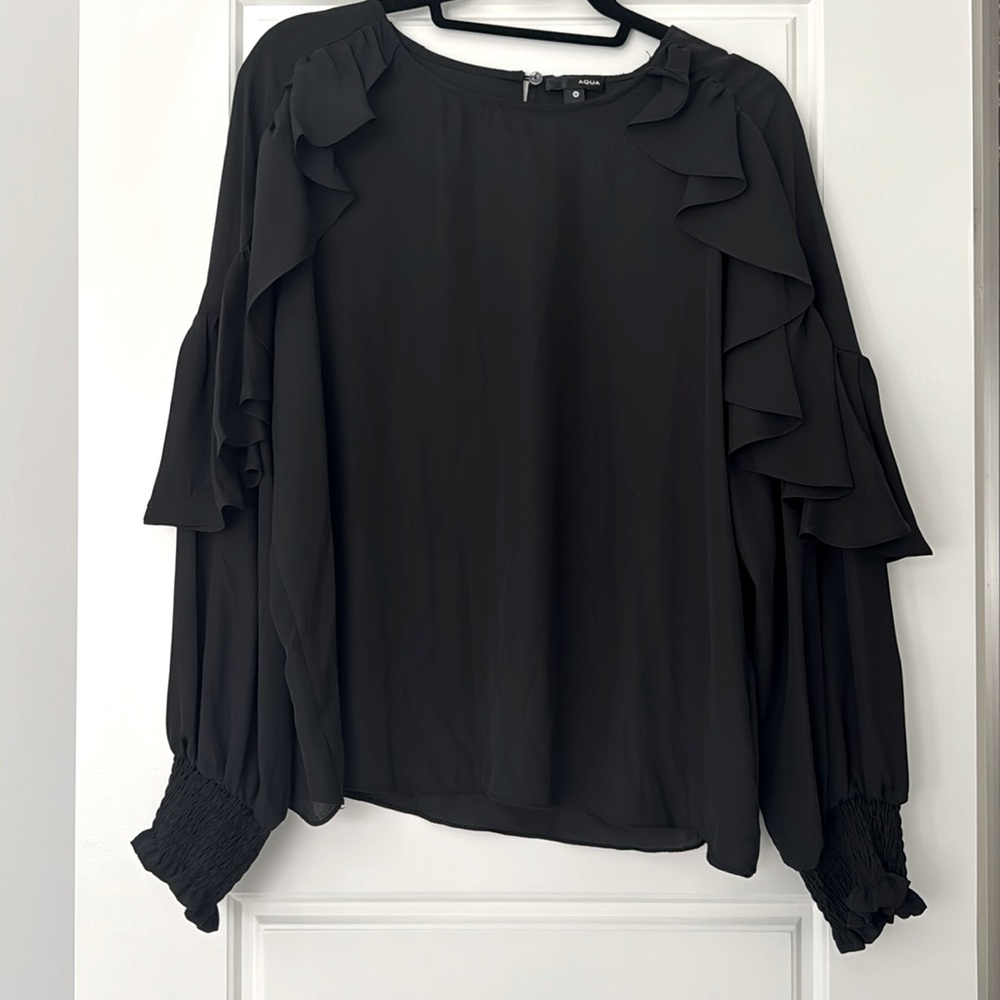 Aqua black ruffle long sleeve blouse